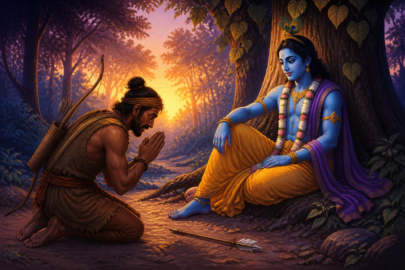 Jara the hunter kneeling before Krishna