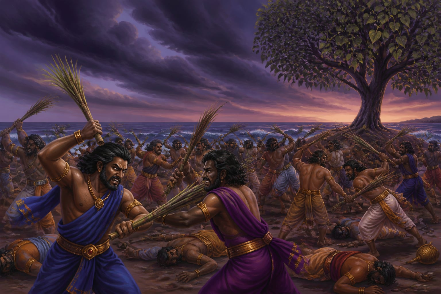 Yadavas fighting with iron clubs at Prabhasa