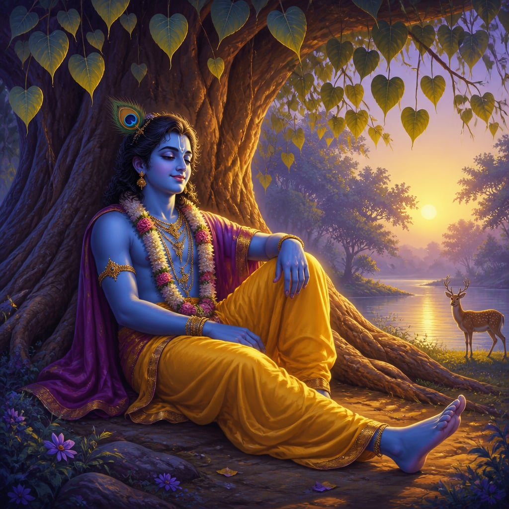 Krishna seated beneath peepal tree as hunter Jara's arrow strikes his foot