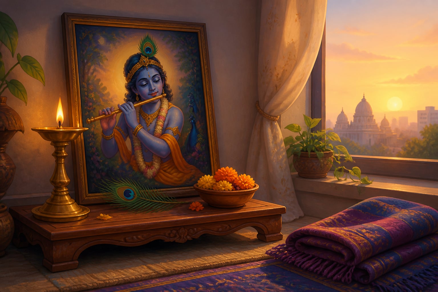 A home shrine corner glowing at dawn