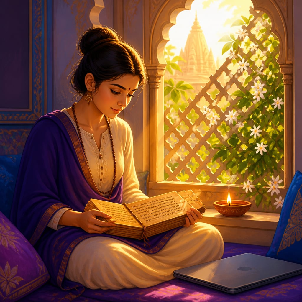 Young seeker with open palm-leaf manuscript in sunlit window alcove