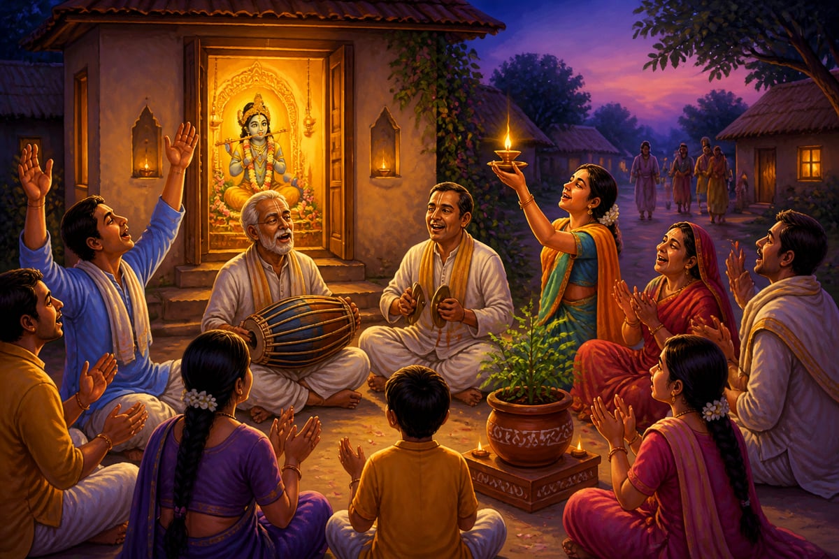 Village devotees in joyful nama sankirtana at dusk