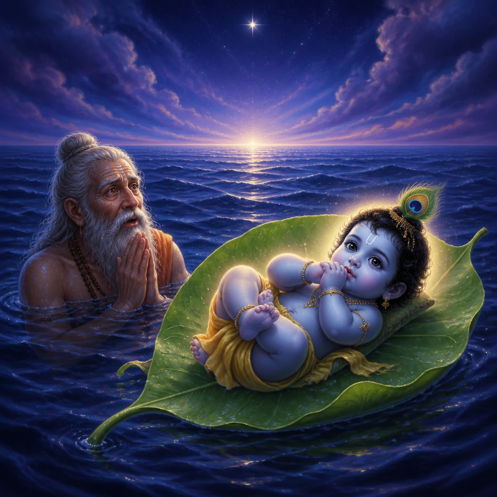 Divine infant resting on a banyan leaf in cosmic waters