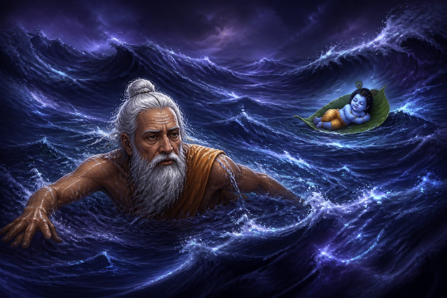 Markandeya swimming alone in the cosmic ocean of dissolution