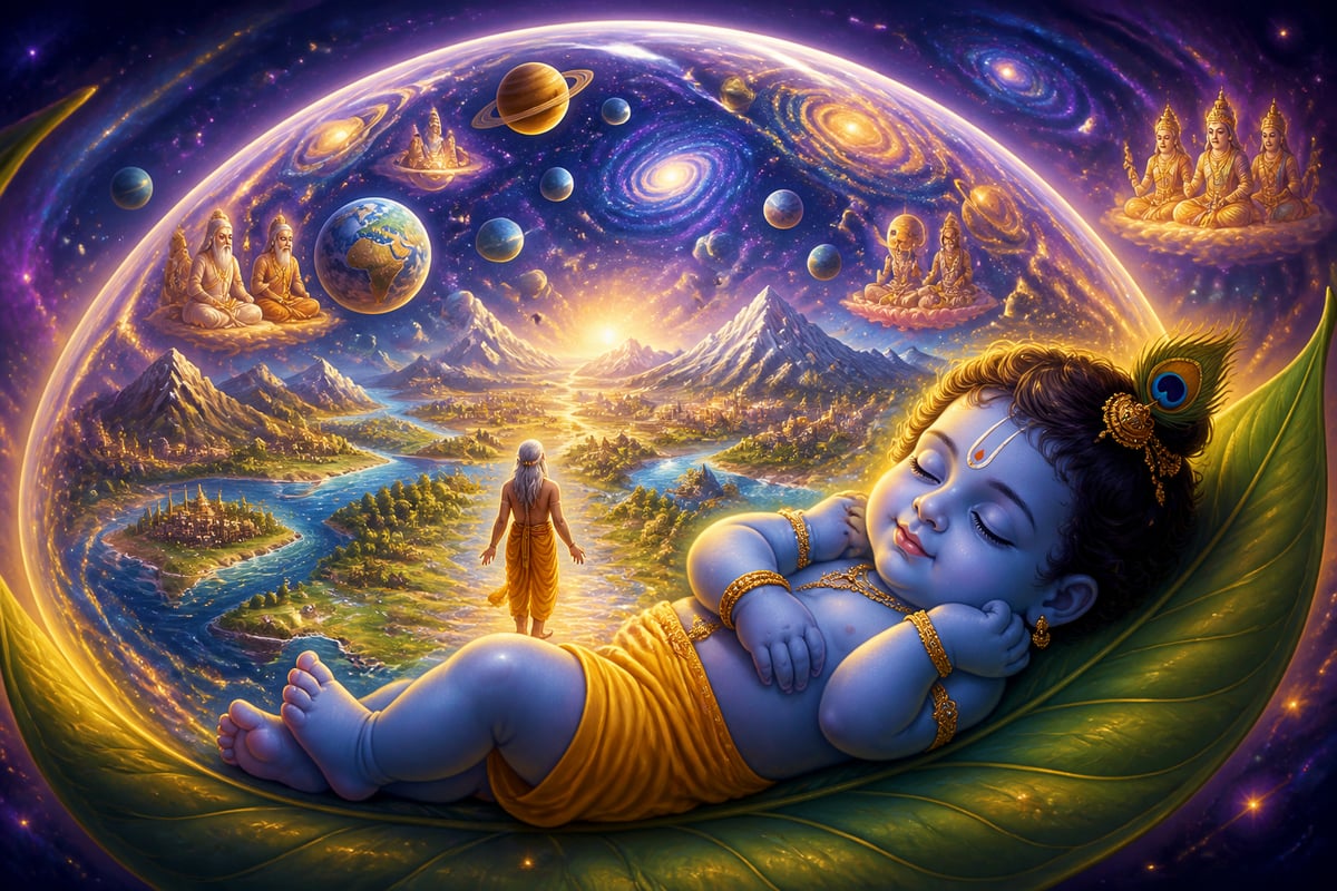 Universes glimpsed inside the divine infant's body