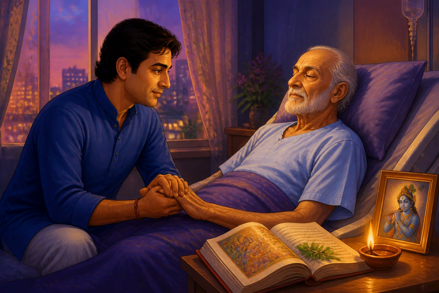 A modern son reading the Bhagavatam at his father's hospital bedside