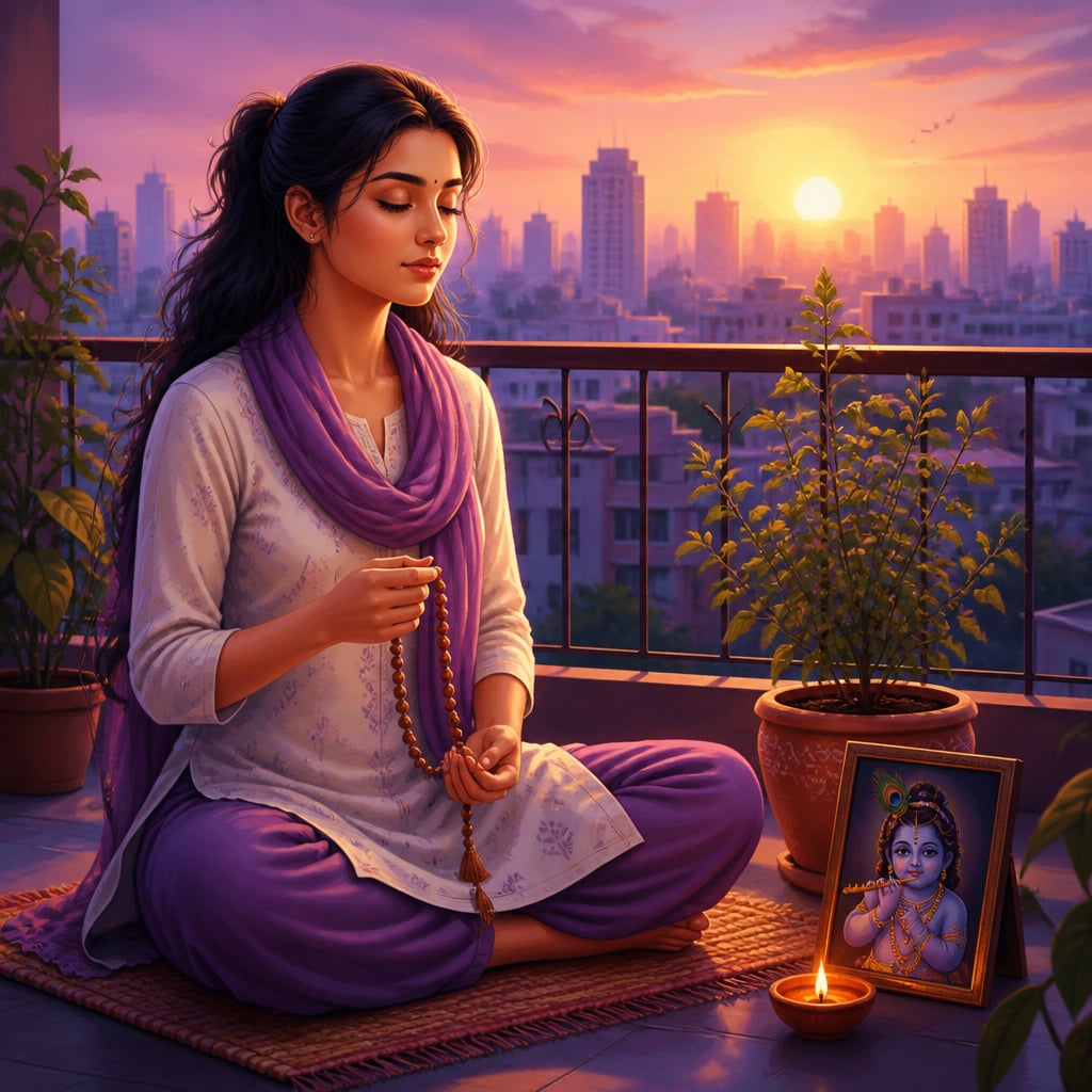 Young woman chanting japa at sunrise