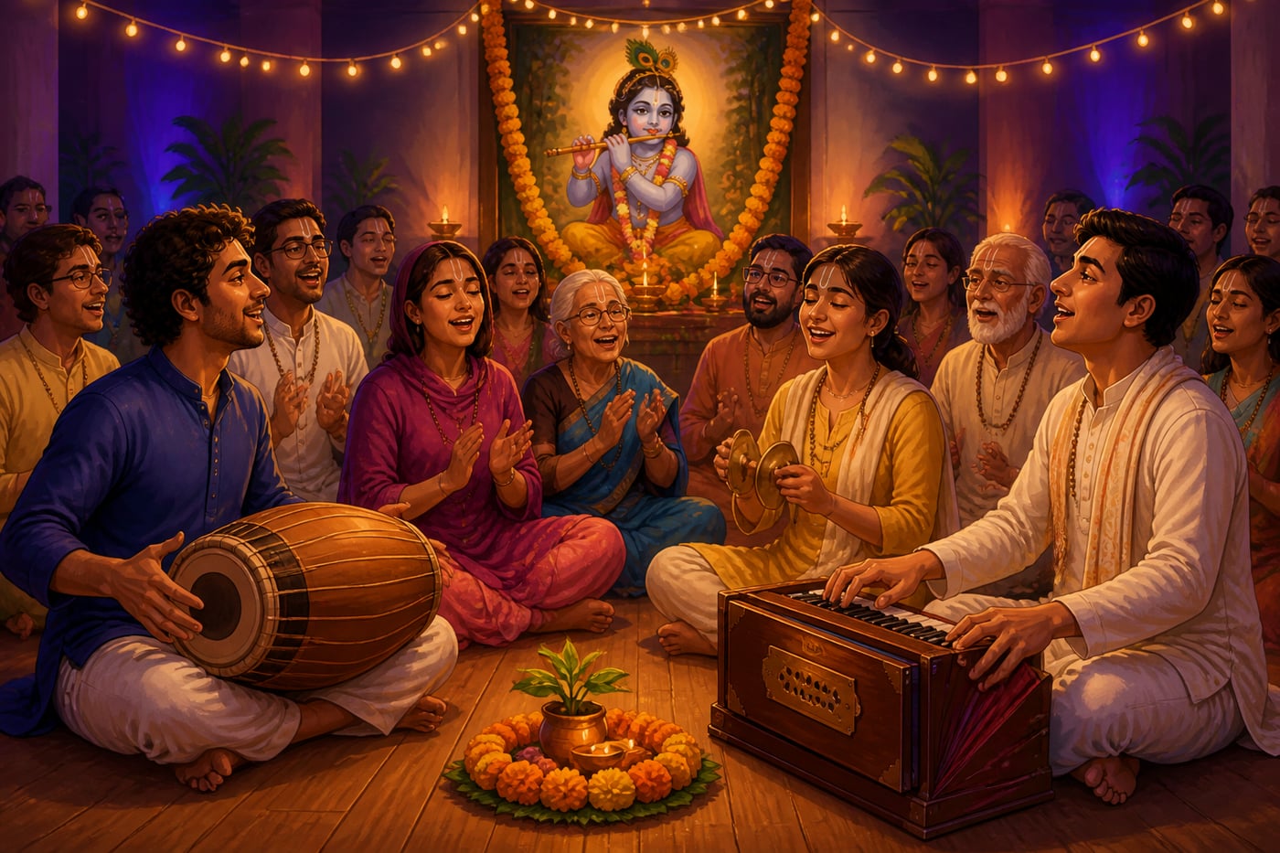 A diverse modern kirtan gathering at evening