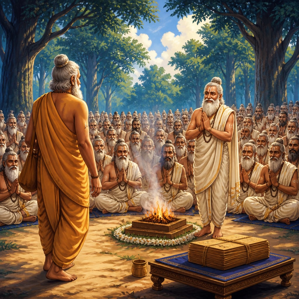 Suta Goswami arrives at the great Naimisharanya assembly as eighty-eight thousand seated rishis rise to honor him.