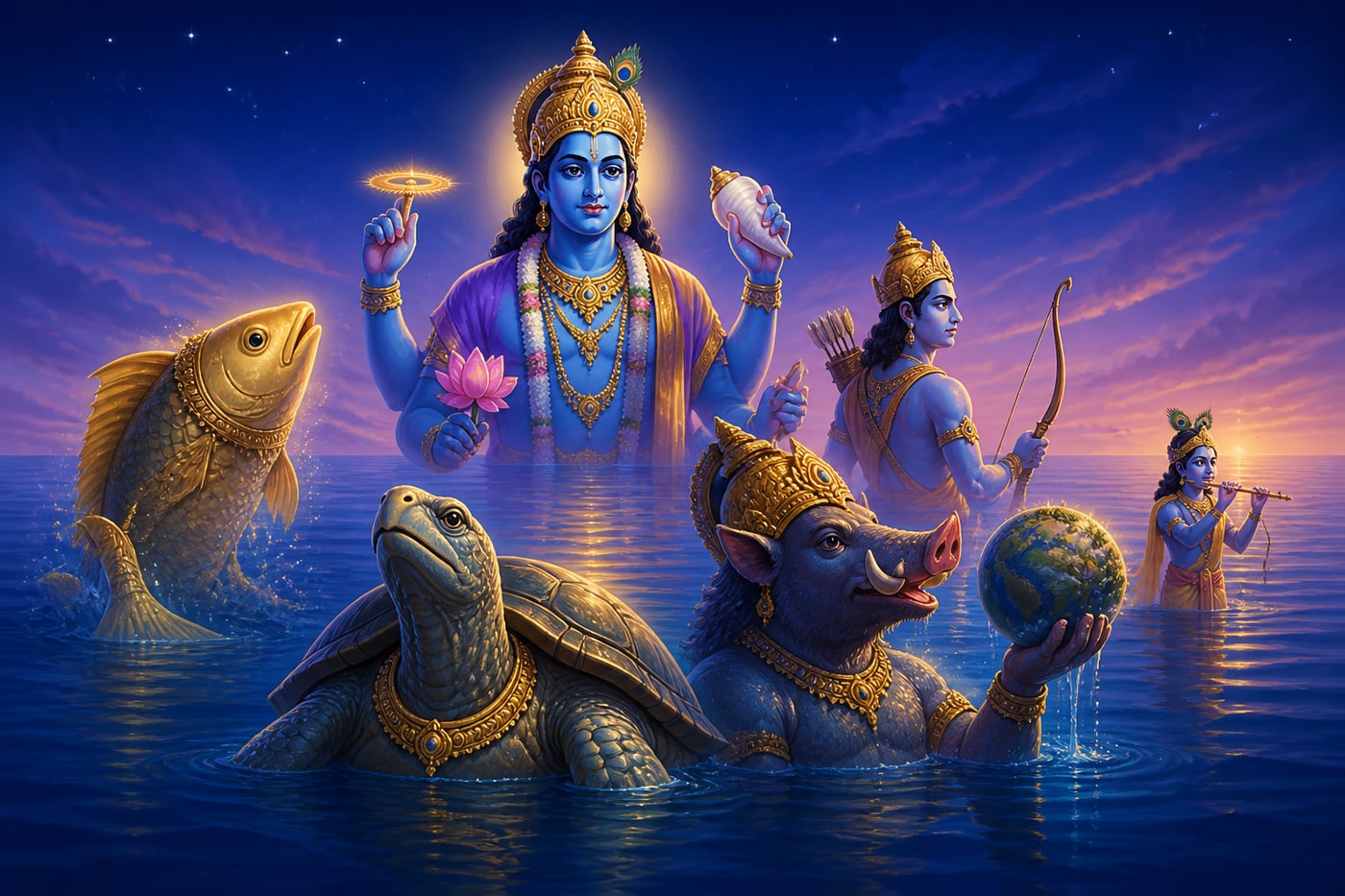 Vishnu's avataras rising from the cosmic ocean