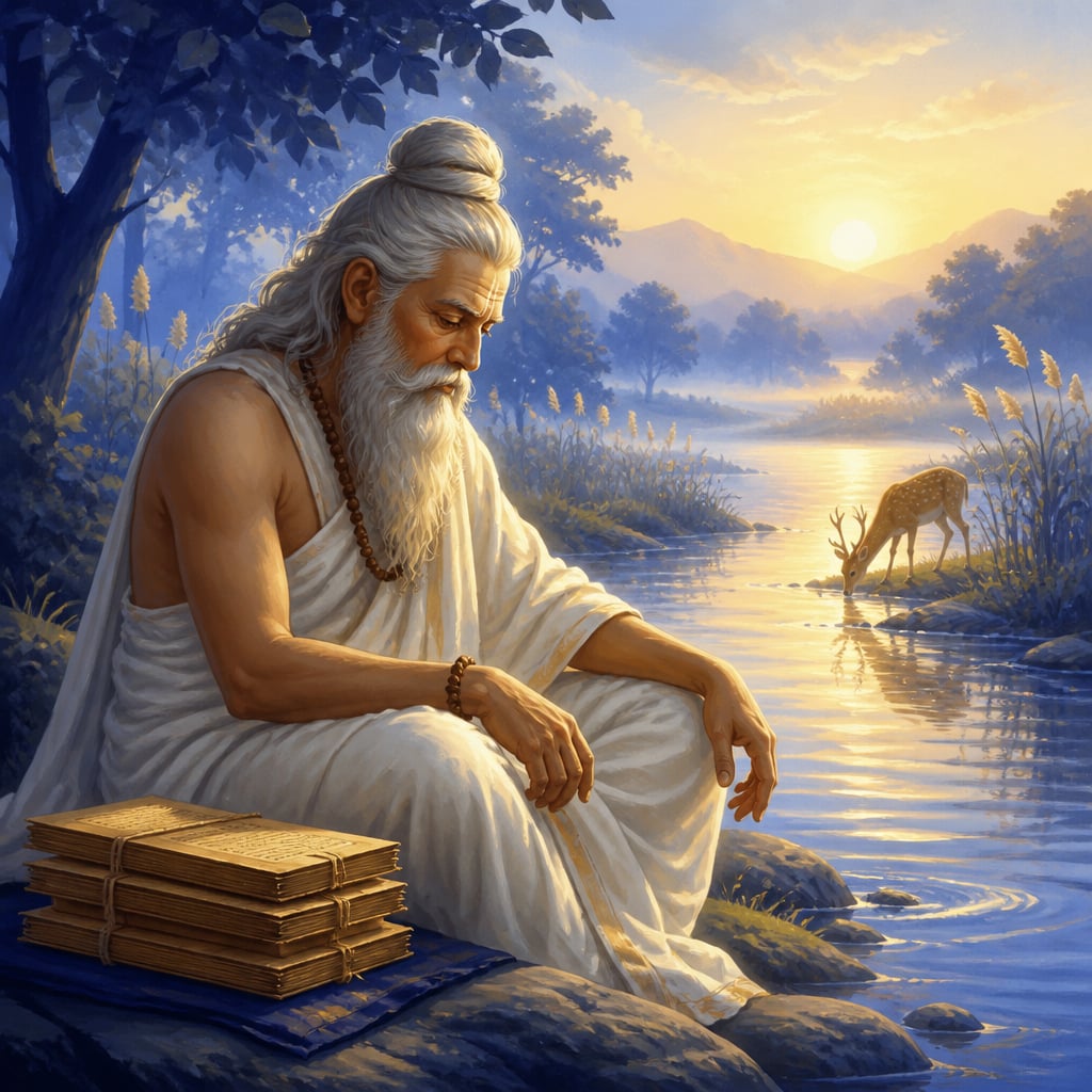An elderly Vedavyasa sits alone on the bank of the Saraswati at dawn, palm-leaf manuscripts beside him, his gaze lost in dissatisfaction.