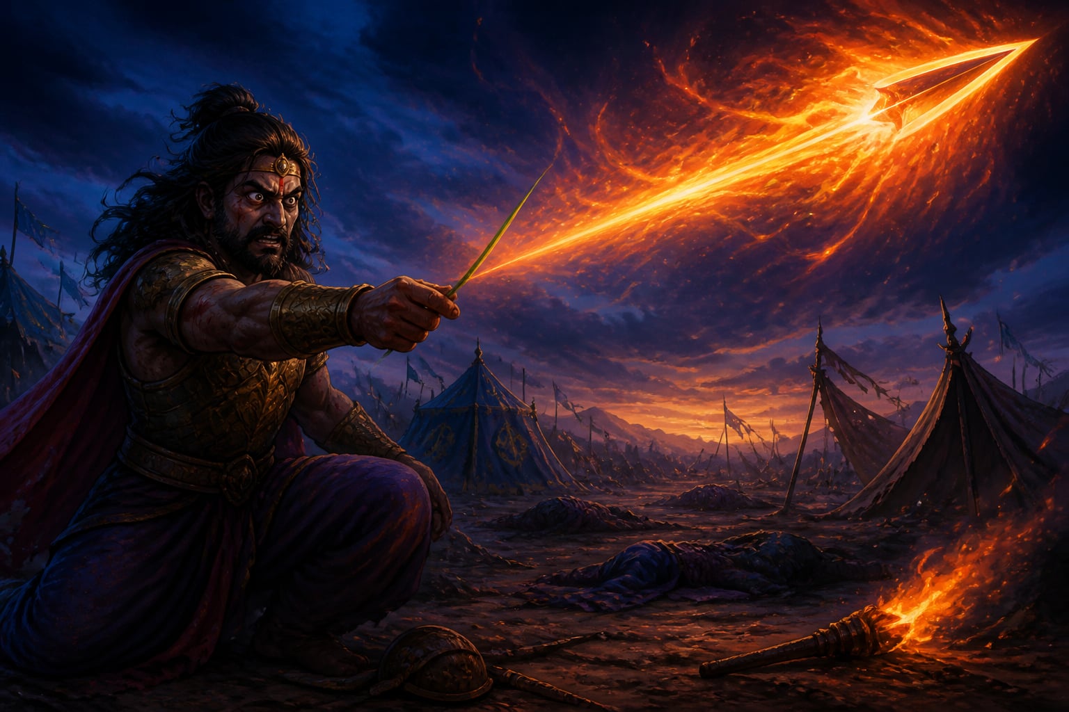 Ashwatthama releasing the Brahmastra at dusk