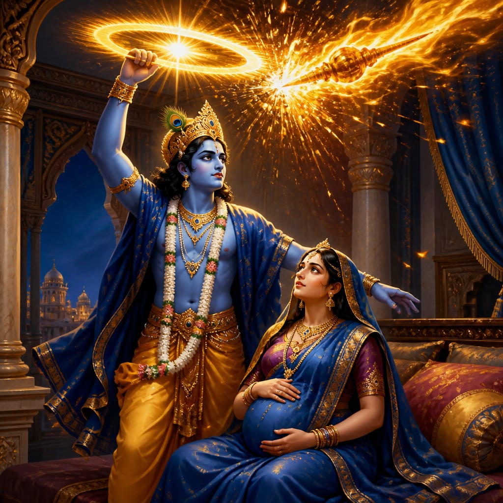 Lord Krishna stands protectively beside the seated pregnant Princess Uttara, his Sudarshana chakra spinning in his raised hand to deflect the Brahmastra.