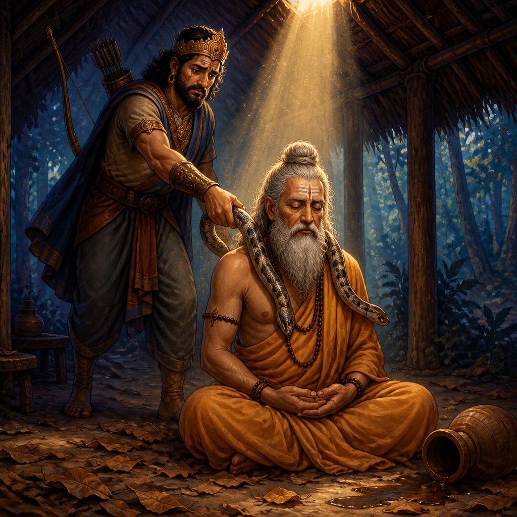 King Parikshit in dusty hunting attire lowers a dead snake onto the shoulders of the meditating sage Shamika inside a humble forest hermitage.