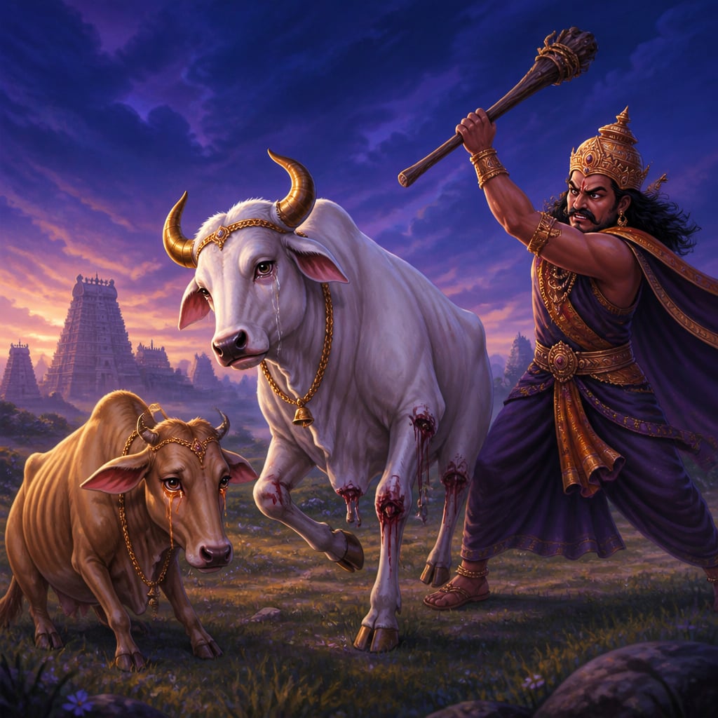 A magnificent white bull stands trembling on a single leg in a grassland at dusk beside a weeping cow Bhumi.
