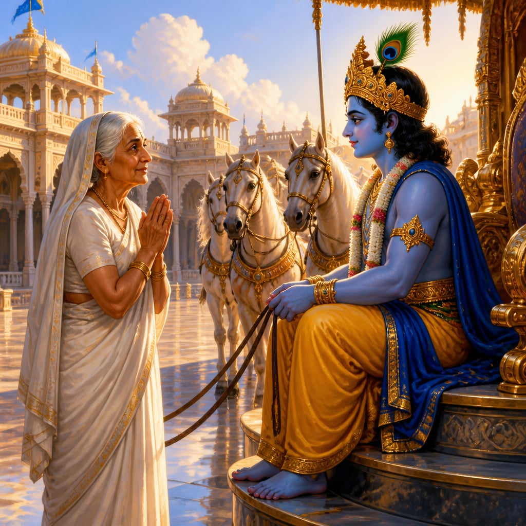 Queen Kunti, an elder woman in white widow's cloth, stands with folded hands before Lord Krishna in the open palace courtyard of Hastinapura.