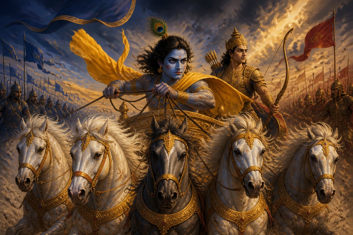 Krishna driving Arjuna's chariot in battle