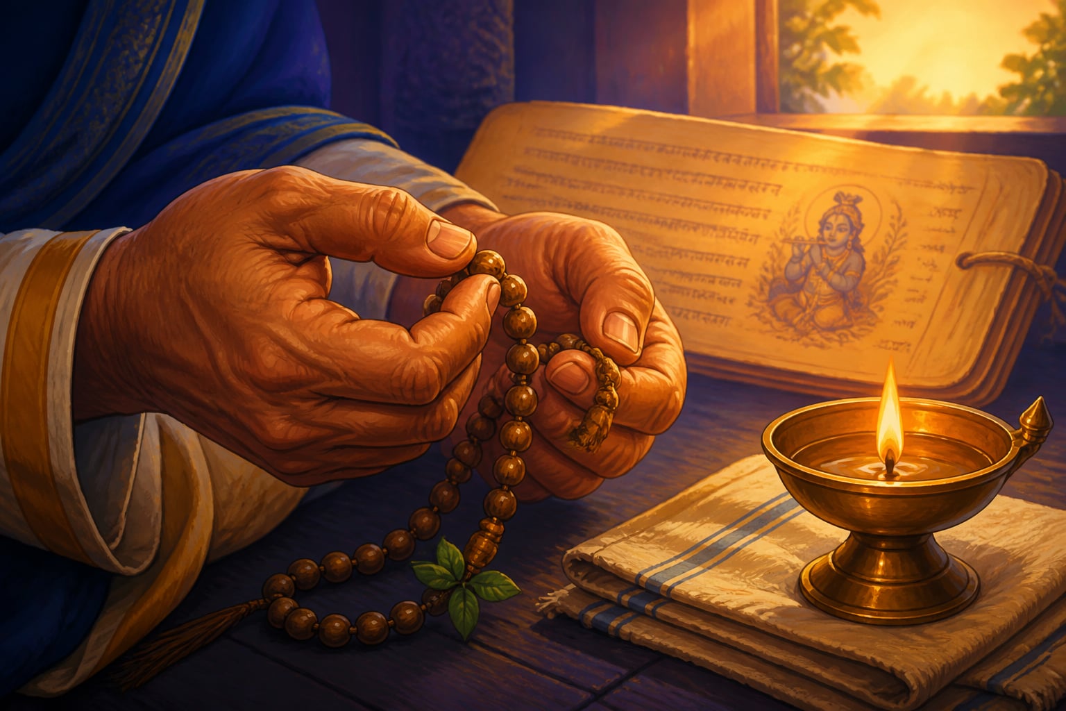 Tulsi japa mala in a devotee's hands