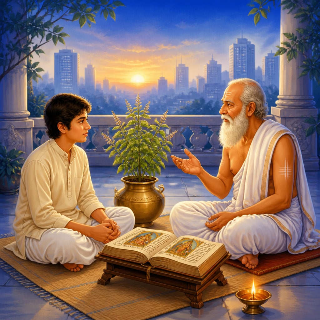 A young Indian seeker in a cream kurta sits cross-legged before an elderly teacher on a clean courtyard terrace at dawn, a sacred tulsi plant between them.