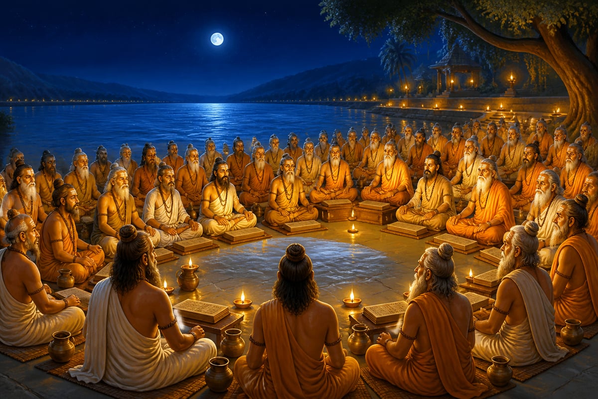 An assembly of sages at Sukartala absorbed in Shukadeva's seven-day teaching