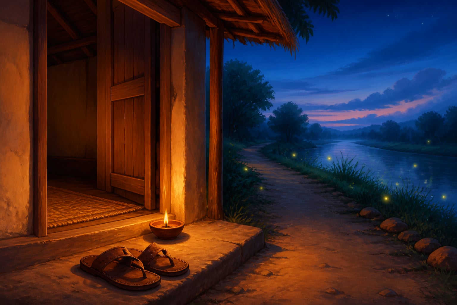 A clay lamp burning beside an empty guest house at twilight
