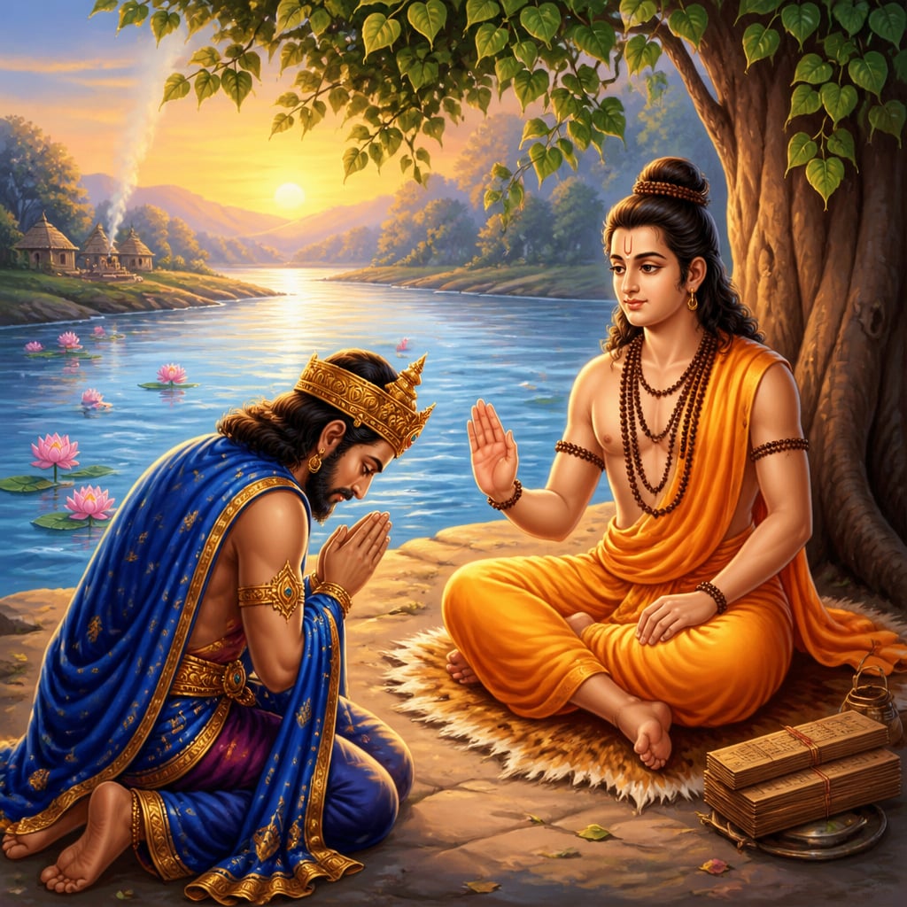 King Parikshit kneels before the young sage Shukadeva on the banks of the Ganga at Sukartala.