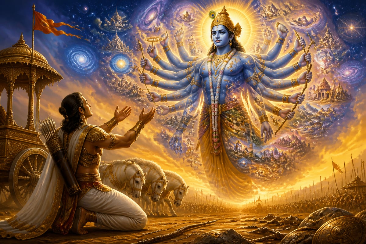 Arjuna witnessing Krishna's universal form on Kurukshetra