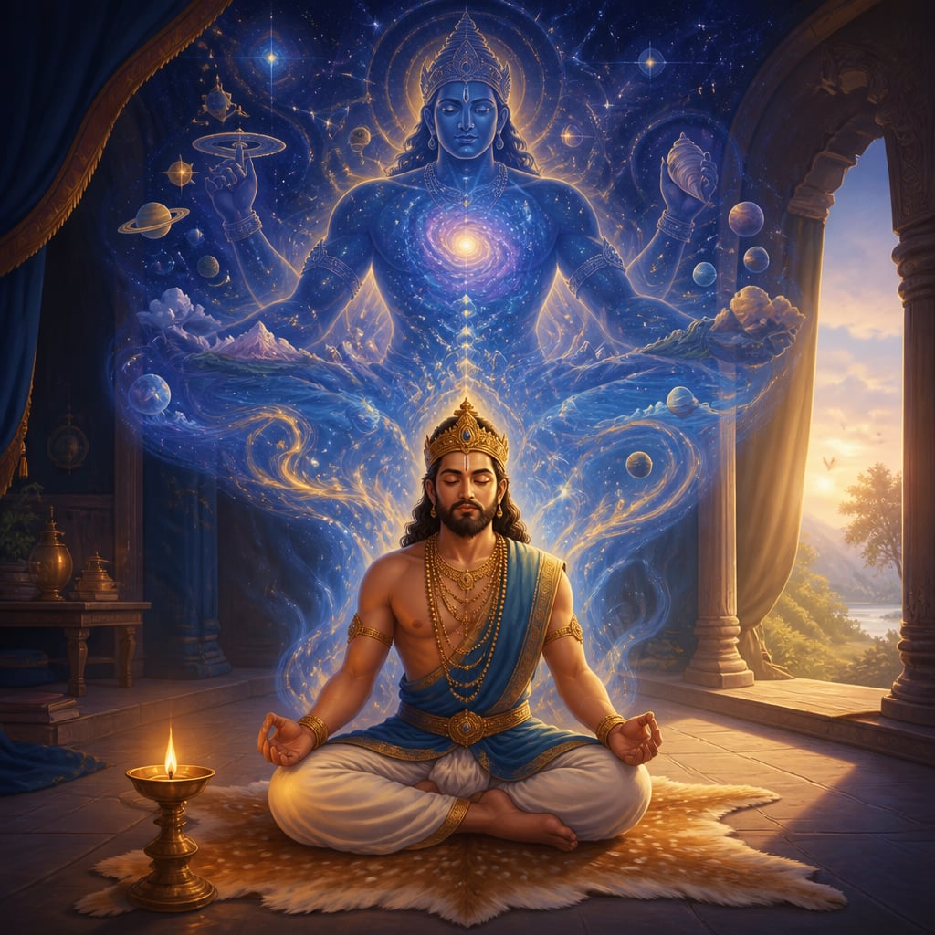 King Parikshit sits in deep meditation as a vast cosmic vision rises before his closed eyes.