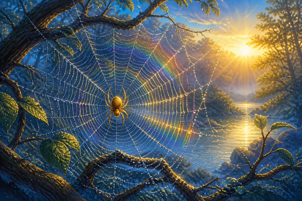 A golden orb spider at rest on a dew-jeweled web at first light