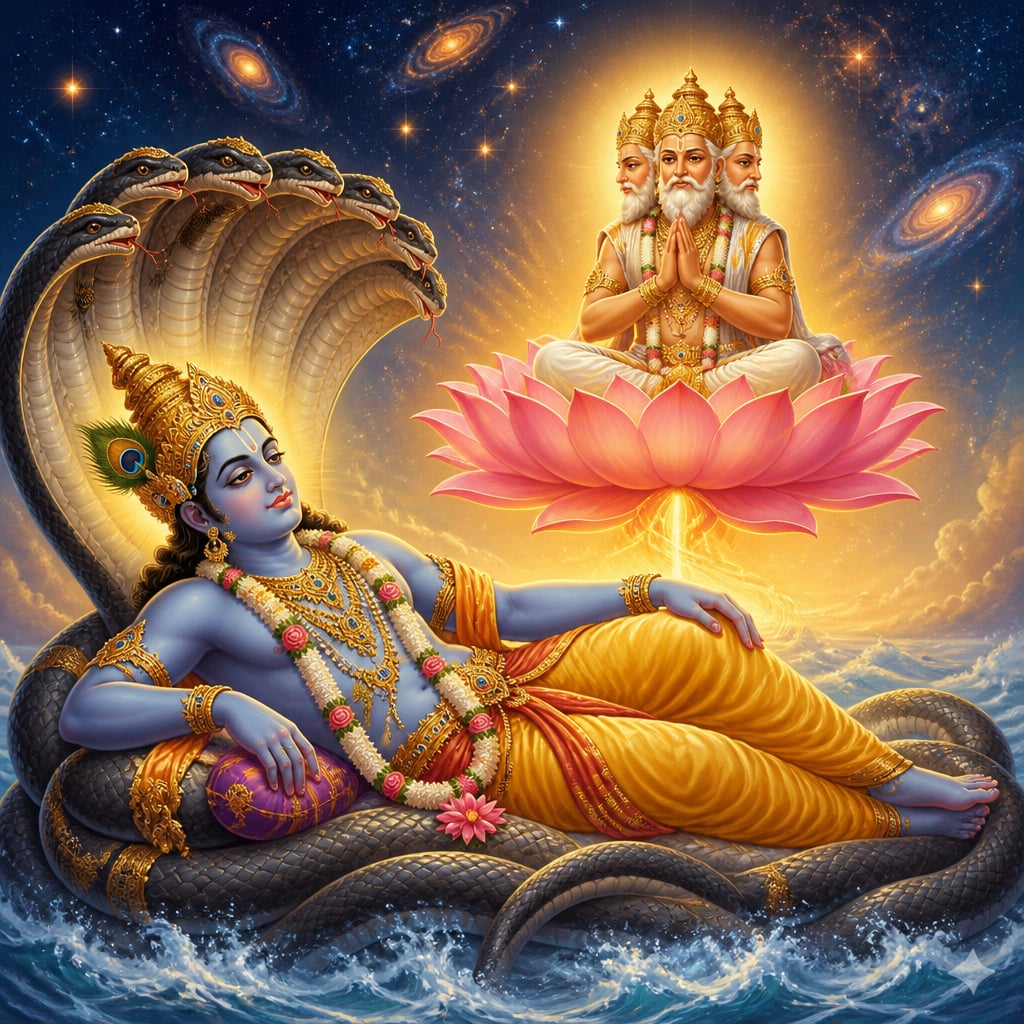 Brahma sits atop a pink lotus rising from the navel of Narayana reclining on Shesha.