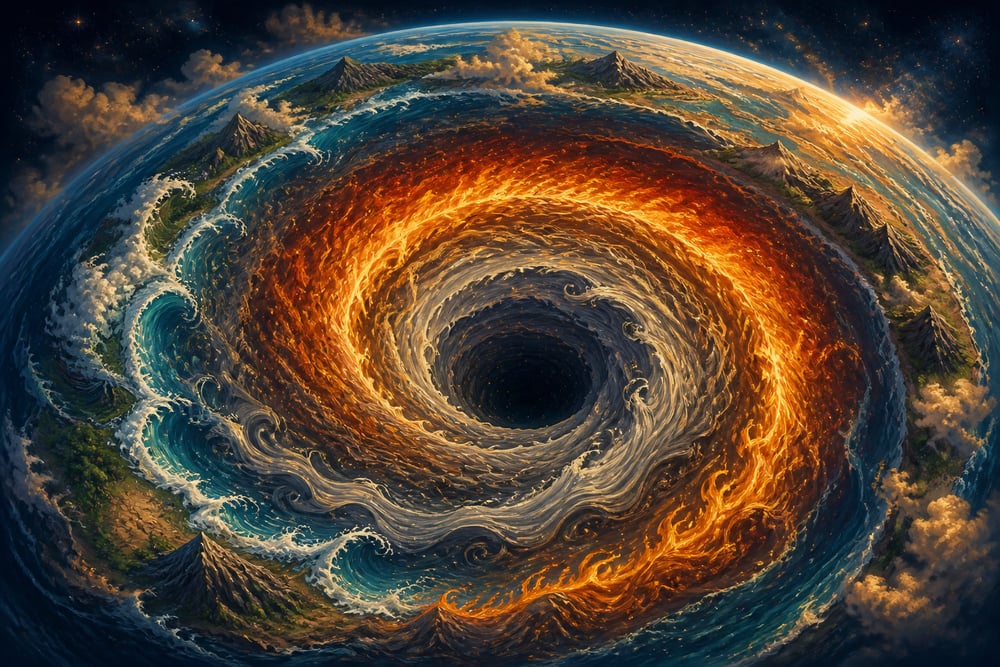 The cosmic elements dissolving inward in concentric rings