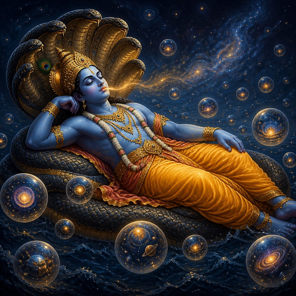 Maha-Vishnu reclines in yoga-nidra on Shesha as the cosmos withdraws into His body.