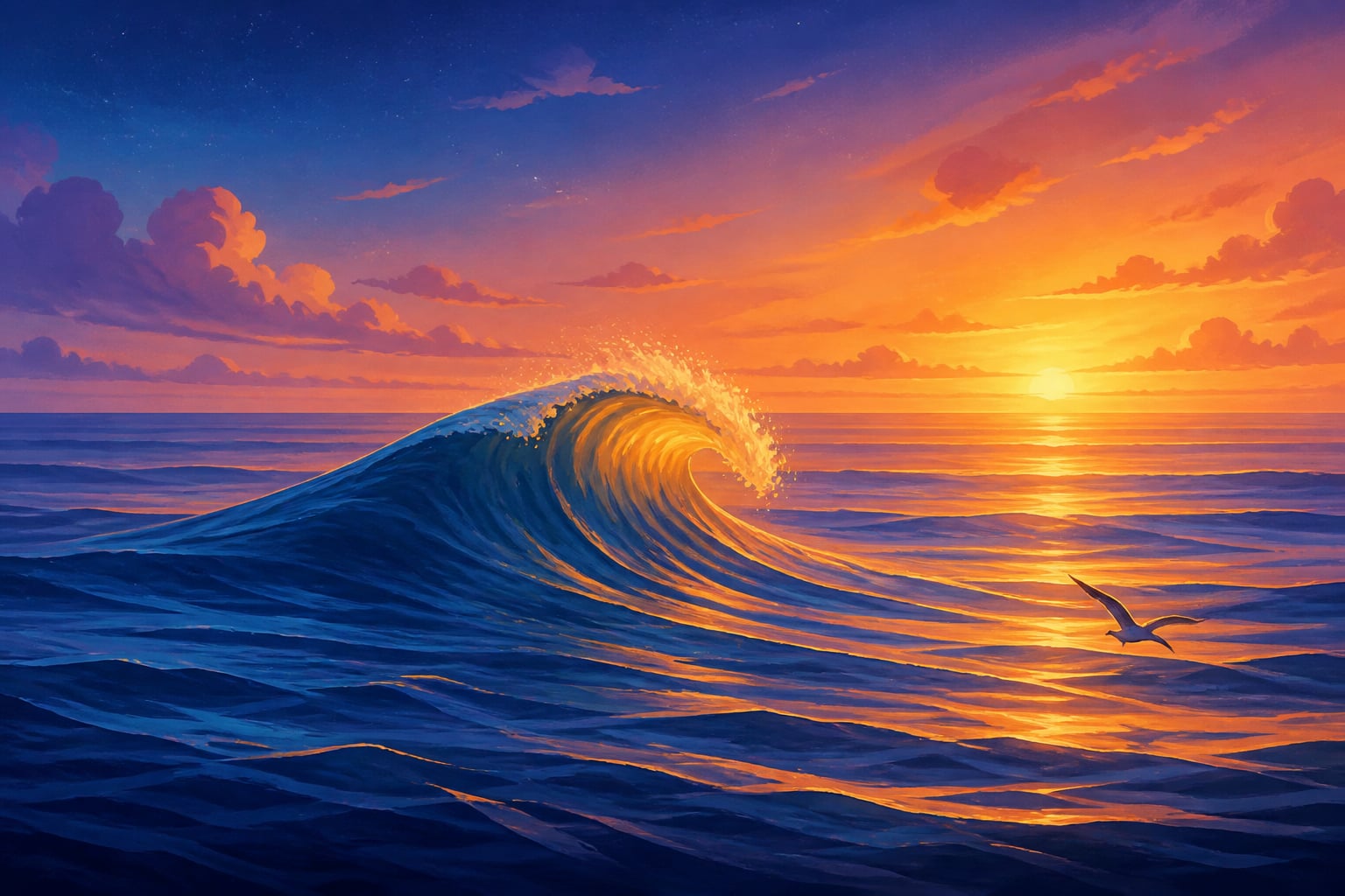 A single wave rising on a vast tranquil ocean at twilight
