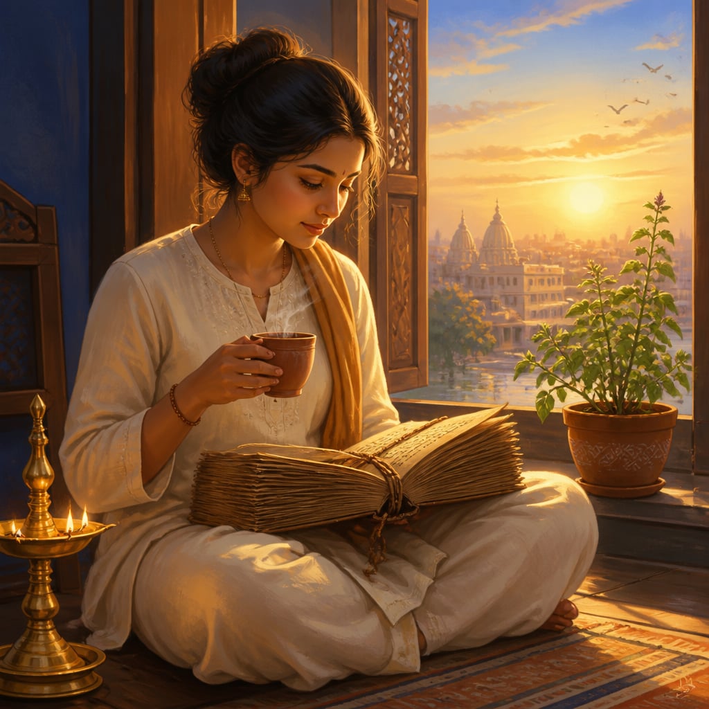 A young seeker reads a palm-leaf Bhagavatam by the soft glow of a brass lamp at dawn.