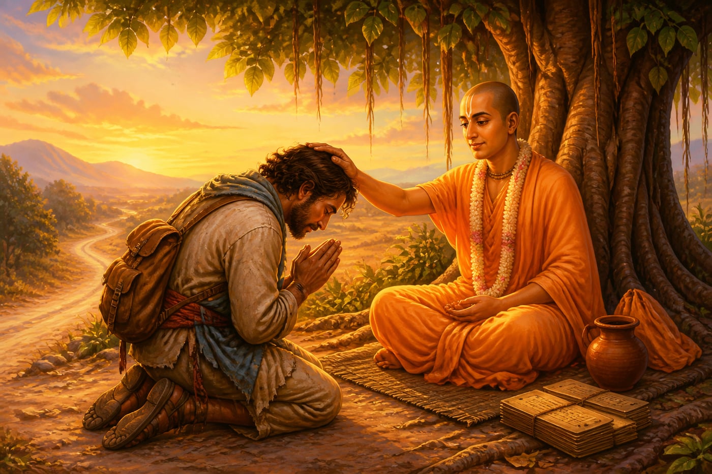 A traveler bowing before a Vaishnava devotee in blessing
