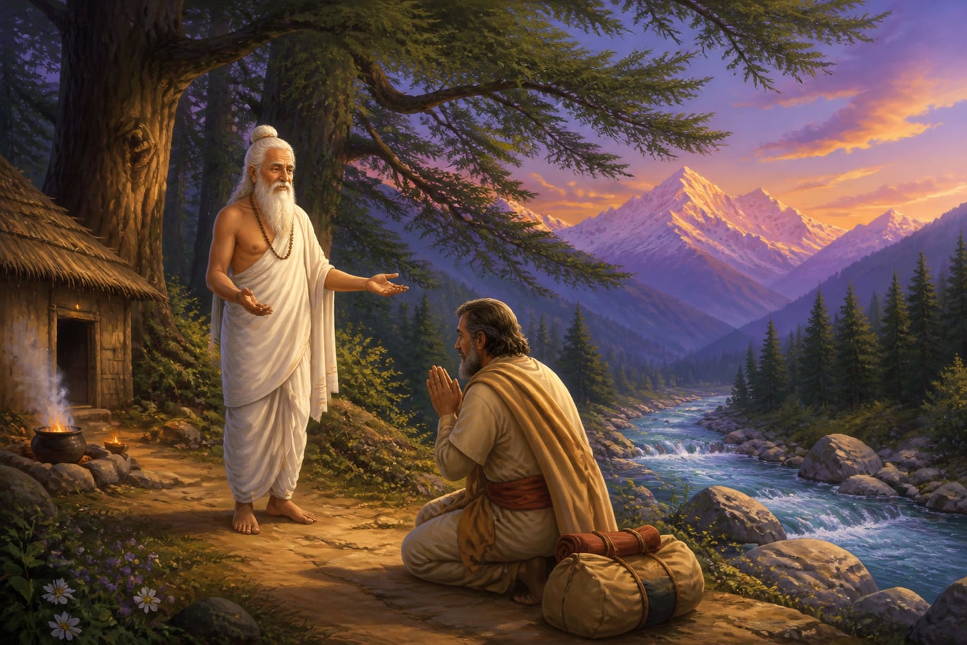 Vidura arriving at Maitreya's forest hermitage