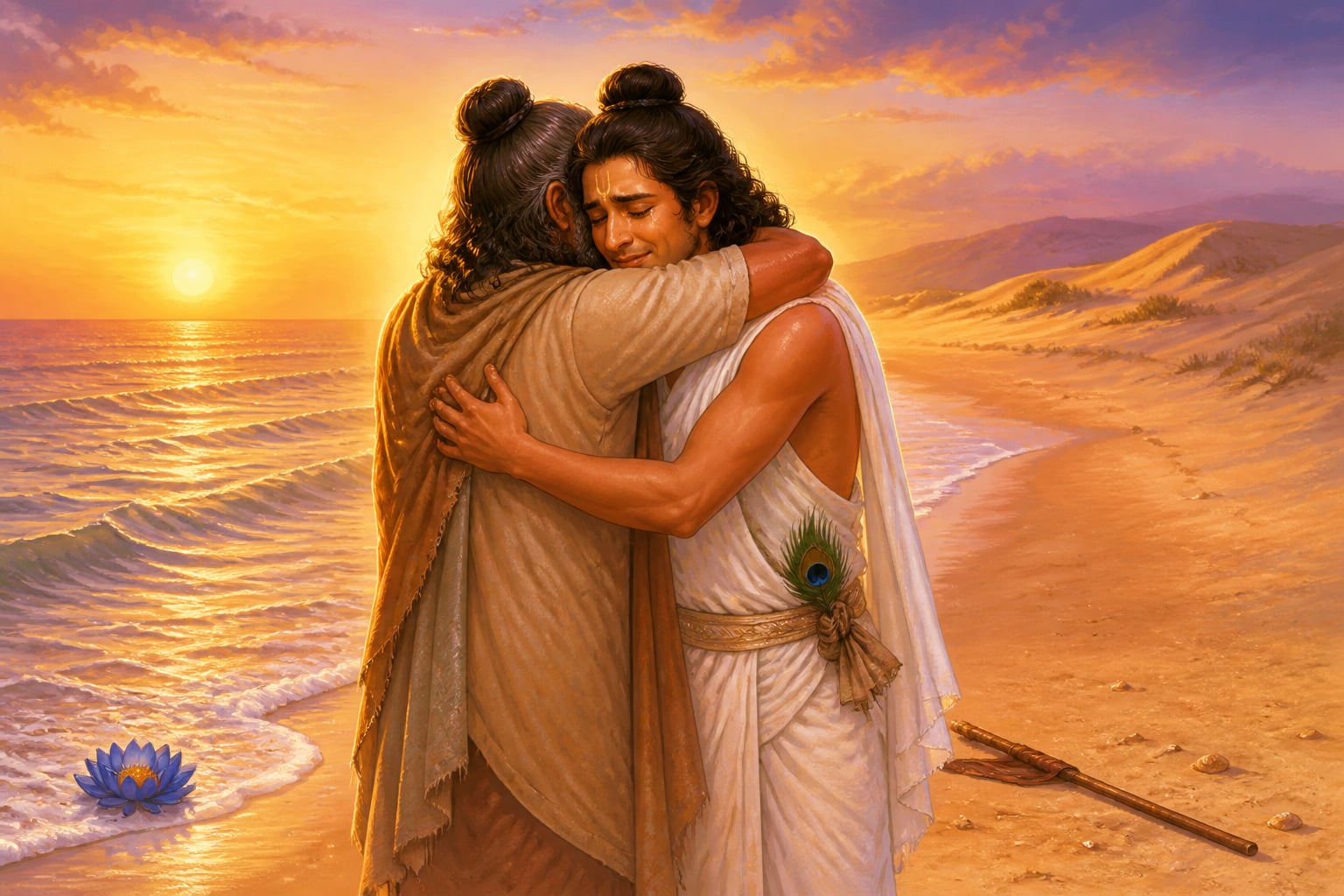 Vidura and Uddhava embracing on the Prabhasa shore