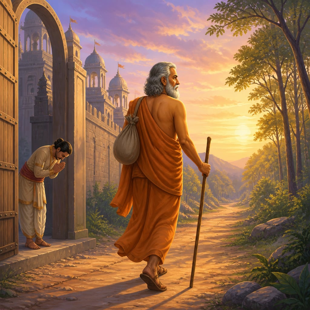 Vidura leaves the gates of Hastinapura with a wanderer's staff and saffron robes.