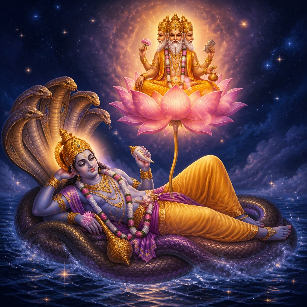 Brahma seated in the cosmic lotus rising from Vishnu's navel.