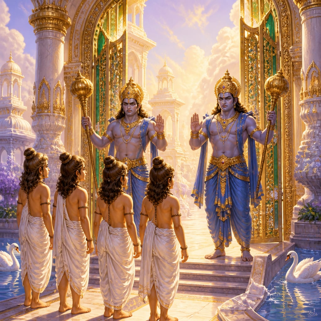 The four child-sage Kumaras arrive at the seventh gate of Vaikuntha.