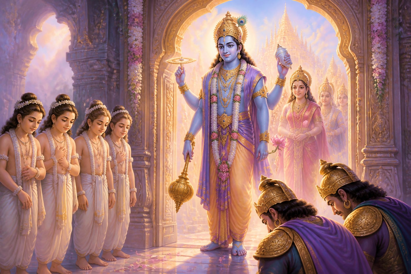 Lord Vishnu appearing at the seventh gate of Vaikuntha