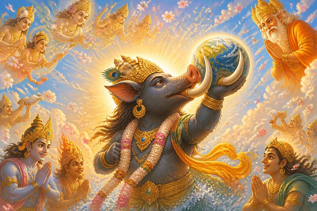 The demigods showering petals as Varaha rises with Earth