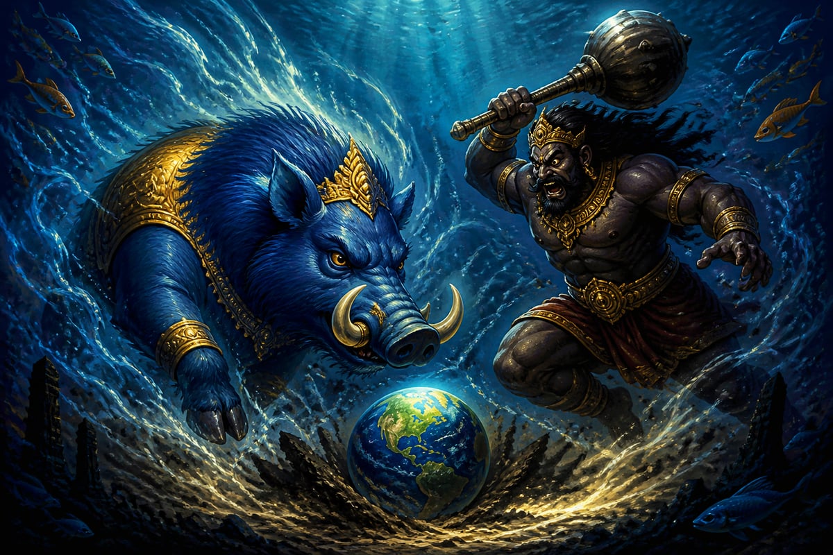 Varaha battling Hiranyaksha beneath the cosmic ocean