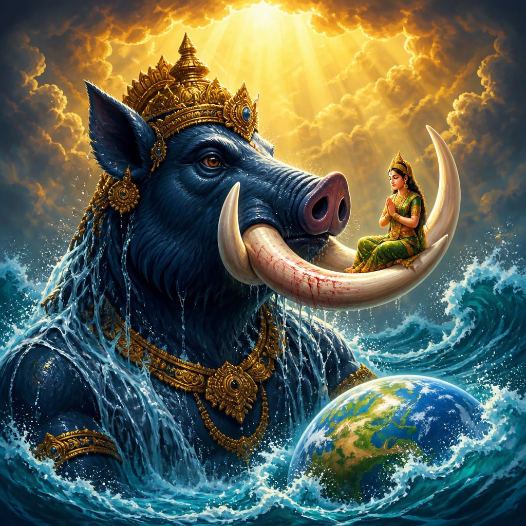 Lord Varaha rises from the cosmic ocean bearing the rescued Earth on his tusks.