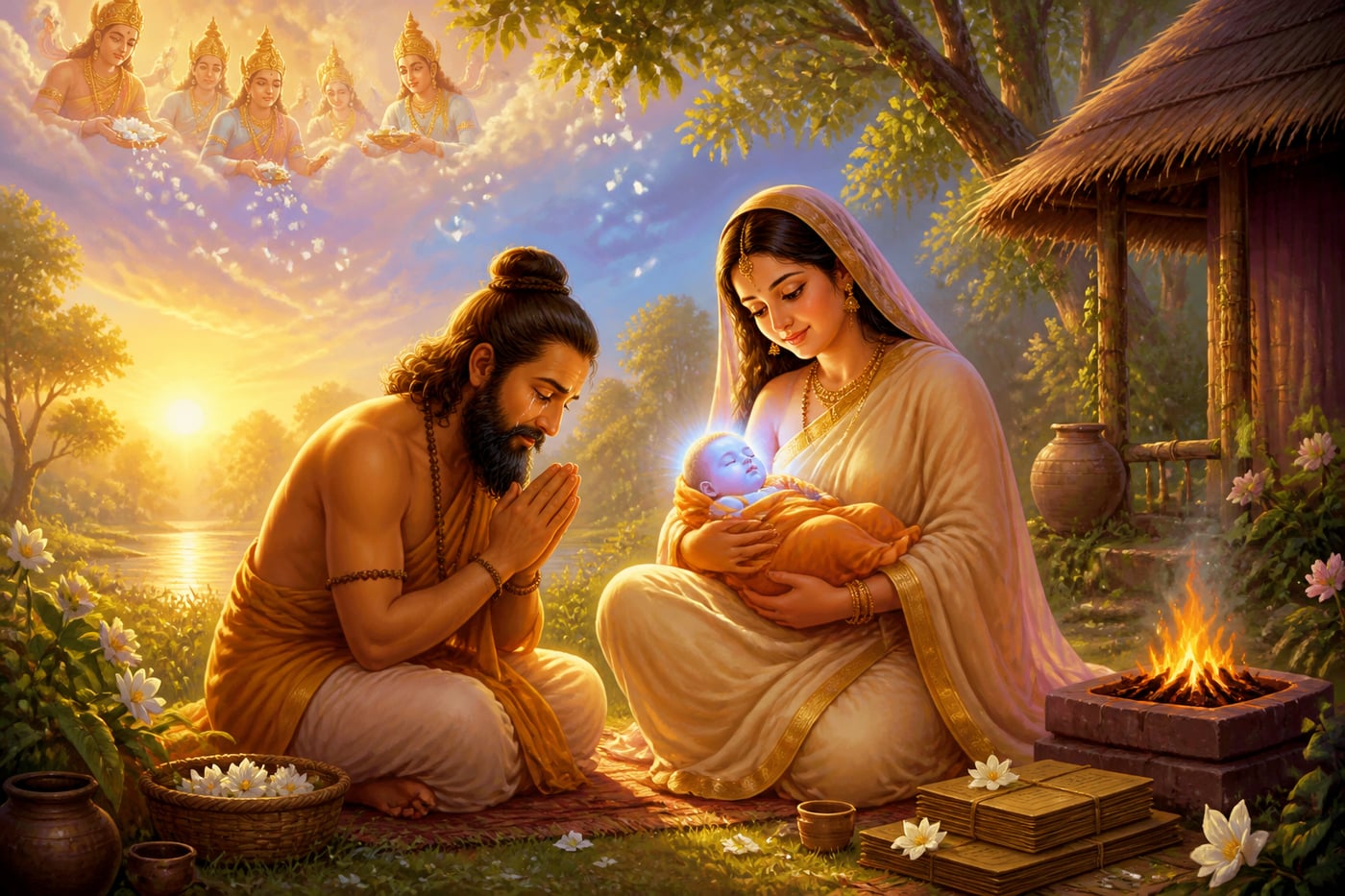 The birth of infant Kapila in the forest ashram