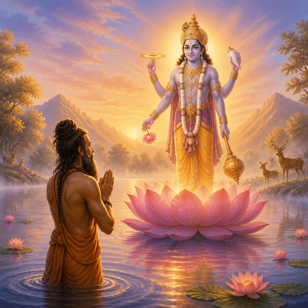 Sage Kardama stands in waist-deep water at Bindu Sarovar in deep meditation.