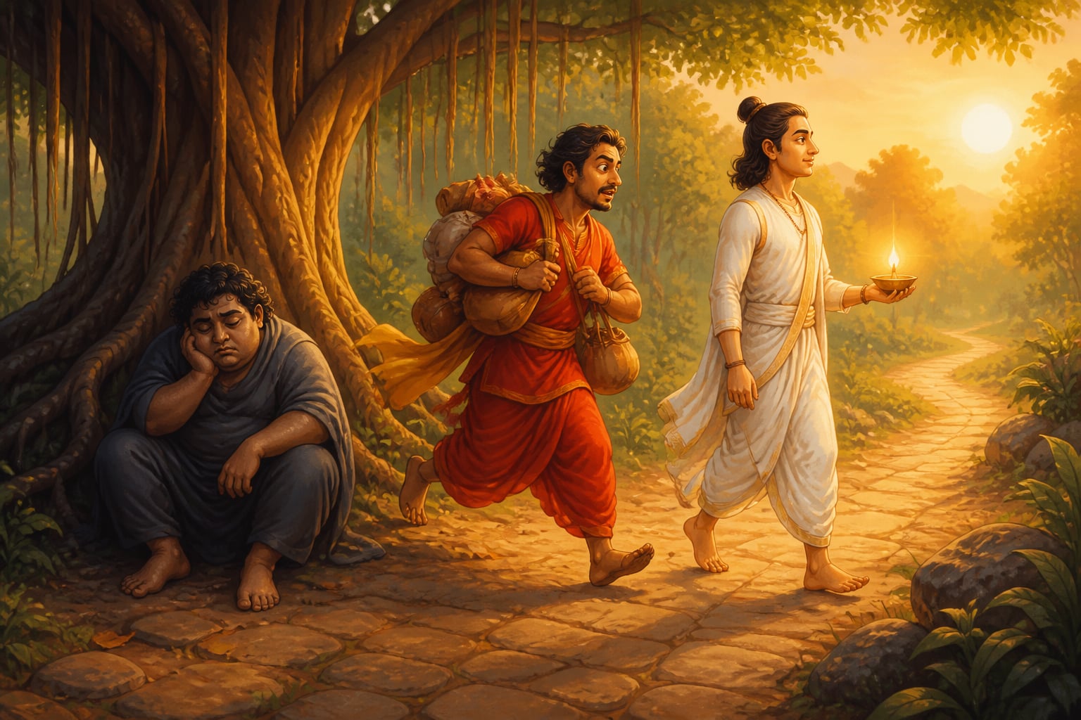 The three gunas embodied as figures walking a forest path