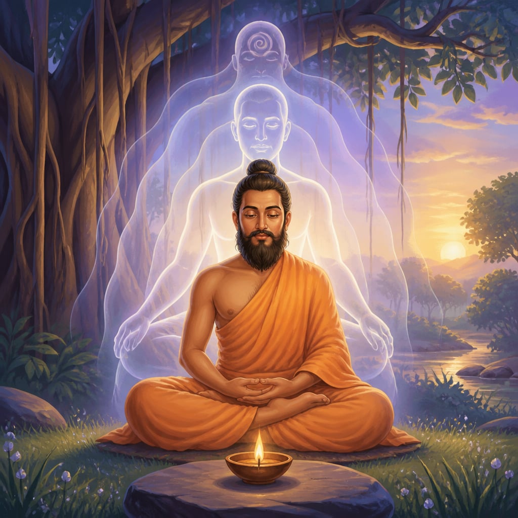 A seated yogi meditates in a forest clearing as the inner witness.
