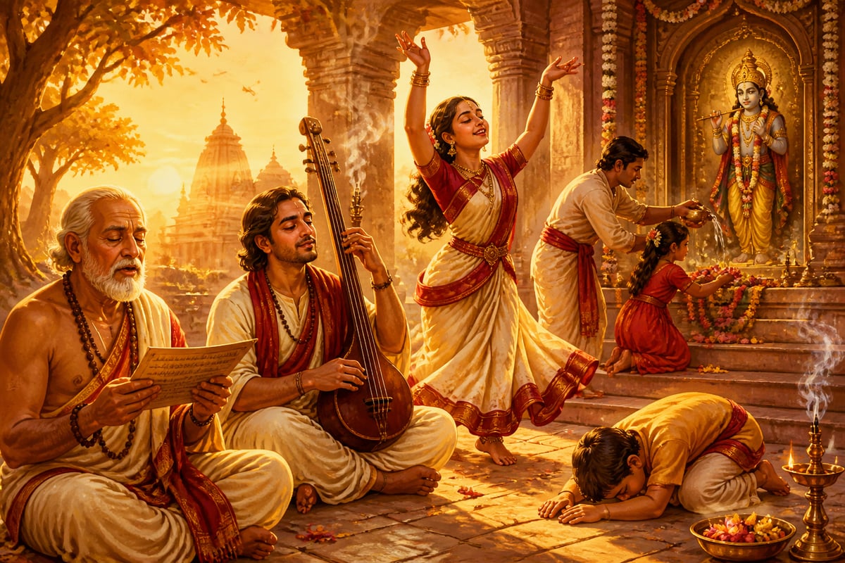 Devotees expressing different forms of bhakti in a temple courtyard