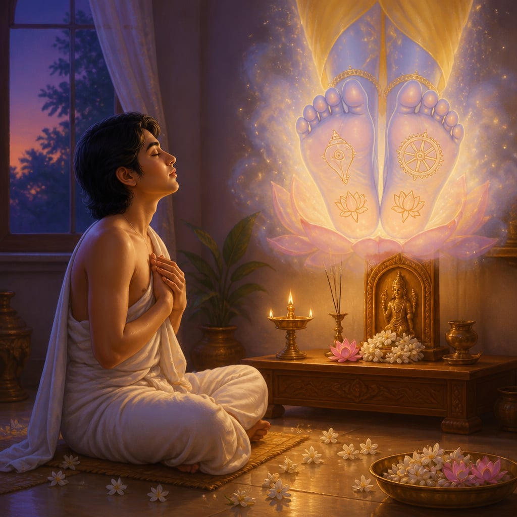 A devotee sits in deep meditation before a small home altar at dusk.